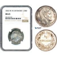 AJ318, Denmark, Frederik VII, 1/2 Rigsdaler 1855 FK-VS, Copenhagen mint, Silver, NGC MS65