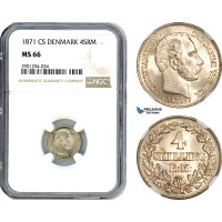 AJ319, Denmark, Christian IX, 4 Skilling Rigsmont 1871 CS, Copenhagen Mint, Silver, NGC MS66