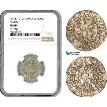 AJ322, Cilician Armenia, Royal, Levon I (1198-1219) Tram (2.89g) Silver, NGC MS64
