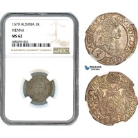 AJ323, Austria, Leopold I, 3 Kreuzer 1670, Vienna Mint, Silver, NGC MS62