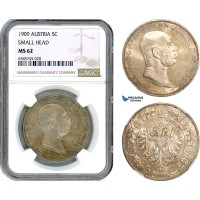 AJ324, Austria, Franz Joseph, 5 Corona 1909, Vienna Mint, Silver "Small Head" NGC MS62