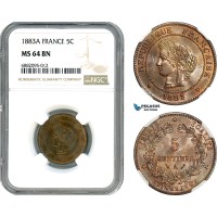 AJ328, France, Third Republic, 5 Centimes 1883 A, Paris Mint, NGC MS64BN