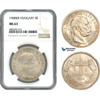 AJ332, Hungary, Franz Joseph, 5 Korona 1908 KB, Kremnitz Mint, Silver, NGC MS63