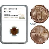 AJ334, Norway, Haakon VII, 1 Ore 1951, Kongsberg Mint, NGC MS66BN, Pop 1/0