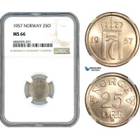 AJ335, Norway, Haakon VII, 25 Ore 1951, Kongsberg Mint, NGC MS66