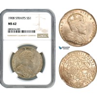 AJ343, Straits Settlements, Edward VII, 1 Dollar 1908, Bombay Mint, Silver, NGC MS62