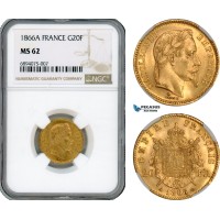 Aj351, France, Napoleon III, 20 Francs 1866 A, Paris Mint, Gold, NGC MS62