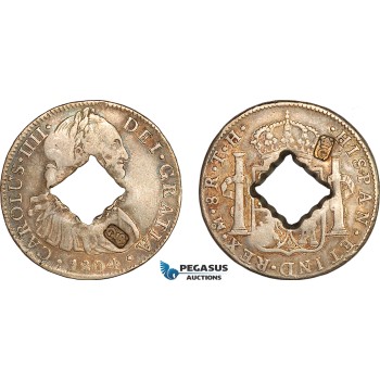 AJ383, Guadeloupe - Mexico, George III, 9 Livres (9 Shillings), ND (1811) Countermarked with Raised crowned "G" within shaped indent applied to obverse at 5 o'clock and reverse at 1 o'clock, the central plug removed from the reverse by four indi