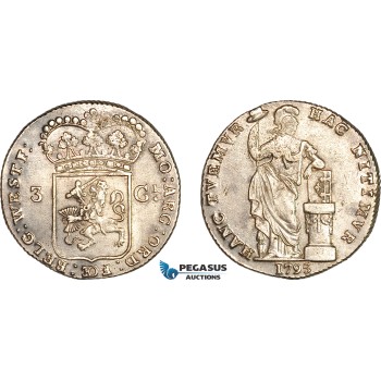 AJ384, Netherlands, Westfriesland, 3 Gulden 1795, Silver, Dav-1853, Light cleaning, EF
