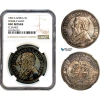 AJ393, South Africa (ZAR) 5 Shillings 1892 (Double Shaft) Berlin Mint, Silver, NGC UNC Det.