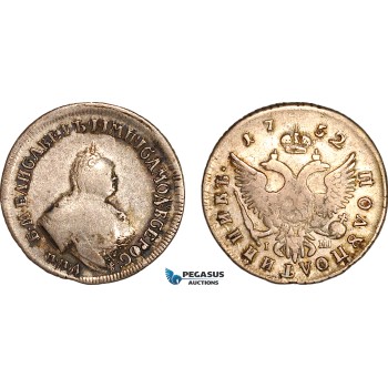 AJ404, Russia, Elisabeth, Polupoltinnik 1752 (25 Kopeks) ММД-IШ, Moscow Mint, Silver, F-VF