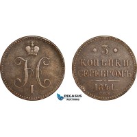 AJ433, Russia, Nicholas I, 3 Kopeks 1841 СПМ, St. Petersburg Mint, Edge bumps, VF