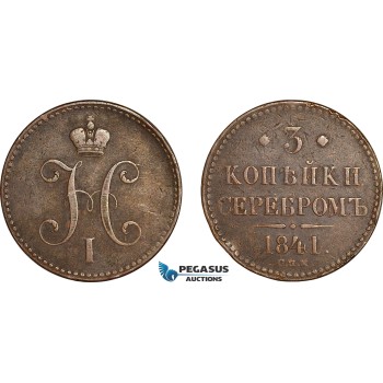 AJ433, Russia, Nicholas I, 3 Kopeks 1841 СПМ, St. Petersburg Mint, Edge bumps, VF