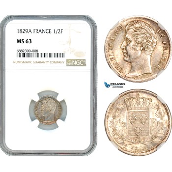 AJ465, France, Charles X, 1/2 Franc 1829 A, Paris Mint, Silver, NGC MS63