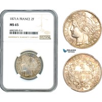 AJ467, France, Third Republic, 2 Francs 1871 A, Paris Mint, Silver, NGC MS65