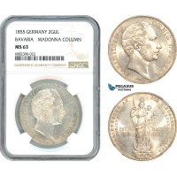 AJ469, Germany, Bavaria, Maximilian II, 2 Gulden 1855 Madonna Column, Munich Mint, Silver, NGC MS63