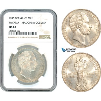 AJ469, Germany, Bavaria, Maximilian II, 2 Gulden 1855 Madonna Column, Munich Mint, Silver, NGC MS63