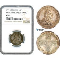 AJ471, Germany, Brunswick Lüneburg Calenberg Hannover, Georg I, 1/6 Taler 1717 B, Clausthal Mint, Silver, NGC MS62, Pop 1/0