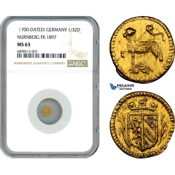 AJ472, Germany, Nürnberg City, "Lamb" 1/32 Ducat 1700, FR-1897, Gold, NGC MS63