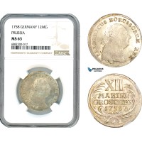 AJ473, Germany, Prussia, Frederick II, 12 Mariengroschen 1758, Silver, Dresden Mint, NGC MS63