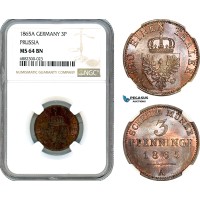 AJ474, Germany, Prussia, Wilhelm I, 3 Pfenninge 1865 A, Berlin Mint, NGC MS64BN