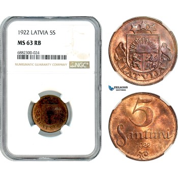 AJ478, Latvia, 5 Santimi 1922, Huguenin mint, NGC MS63RB