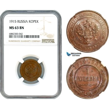 AJ489, Russia, Nicholas II, Kopek 1915, NGC MS63BN