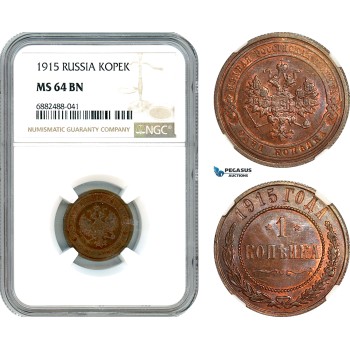 AJ490, Russia, Nicholas II, Kopek 1915, NGC MS64BN