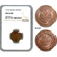 AJ491, Russia, Nicholas II, Kopek 1916, NGC MS64BN