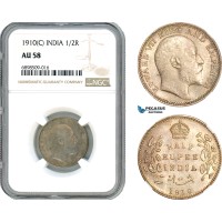 AJ503, India (British) Edward VII, 1/2 Rupee 1910 C, Calcultta Mint, Silver, NGC AU58