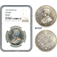 AJ508, Straits Settlements, George V, Restrike 1 Dollar 1920, Silver, NGC PF63+