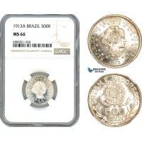 AJ510, Brazil, 500 Reis 1913 A, Berlin Mint, Silver, NGC MS66