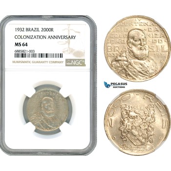 AJ512, Brazil, 2000 Reis 1932, 400th Anniversary of Colonization, Rio de Janeiro Mint, Silver, NGC MS64