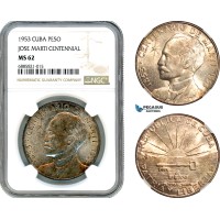 AJ518, Cuba, 1 Peso 1953, Jose Marti Centennial, Silver, NGC MS62