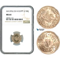 AJ519, Ottoman Empire, Egypt, Abdul Hamid II, 2/10 Qirsh AH1293/33 H, Heaton Mint, NGC MS64