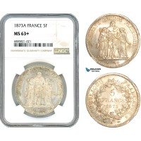 AJ521, France, Third Republic, 5 Francs 1873 A, Paris Mint, Silver, NGC MS63+