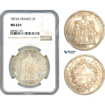 AJ521, France, Third Republic, 5 Francs 1873 A, Paris Mint, Silver, NGC MS63+