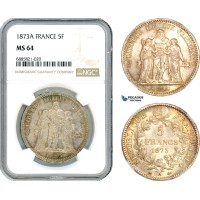 AJ522, France, Third Republic, 5 Francs 1873 A, Paris Mint, Silver, NGC MS64