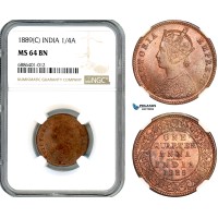 AJ526, India (British) Victoria, 1/4 Anna 1889 C, Calcutta Mint, NGC MS64BN