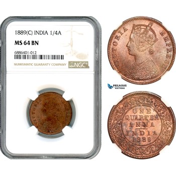 AJ526, India (British) Victoria, 1/4 Anna 1889 C, Calcutta Mint, NGC MS64BN