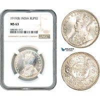 AJ528, India (British) George V, 1 Rupee 1919 B, Bombay Mint, Silver, NGC MS63