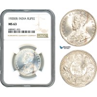 AJ529, India (British) George V, 1 Rupee 1920 B, Bombay Mint, Silver, NGC MS63