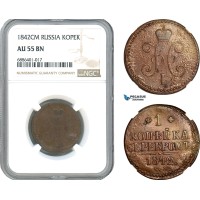 AJ540, Russia, Nicholas I, 1 Kopek 1842 CM, Suzun Mint, NGC AU55BN