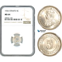 AJ549, Straits Settlements, George V, 5 Cents 1926, Silver, NGC MS64