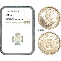 AJ550, Straits Settlements, George V, 5 Cents 1935, Silver, NGC MS66