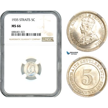 AJ550, Straits Settlements, George V, 5 Cents 1935, Silver, NGC MS66