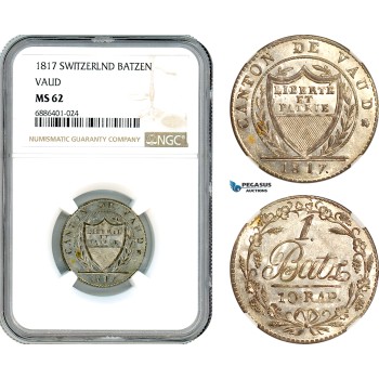 AJ552, Switzerland, Vaud, 1 Batzen 1817, Silver, NGC MS62