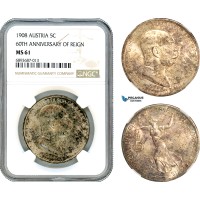 AJ554, Austria, Franz Joseph, "60TH ANNIVERSARY OF REIGN" 5 Corona 1908, Vienna Mint, Silver, NGC MS61