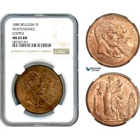 AJ555, Belgium, Leopold II, 5 Francs 1880 Copper Medallic Issue, 50 Years of Belgian Independence, NGC MS65RB