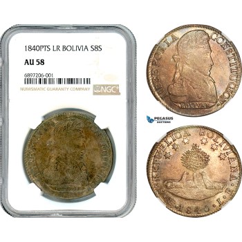 AJ556, Bolivia, 8 Soles 1840 PTS LR, Potosi Mint, Silver, NGC AU58